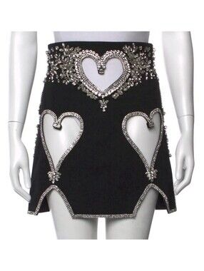 $1,250 Retail NWT LOULOU Crystal Gem Heart Rave Festival Black Skirt Size Small